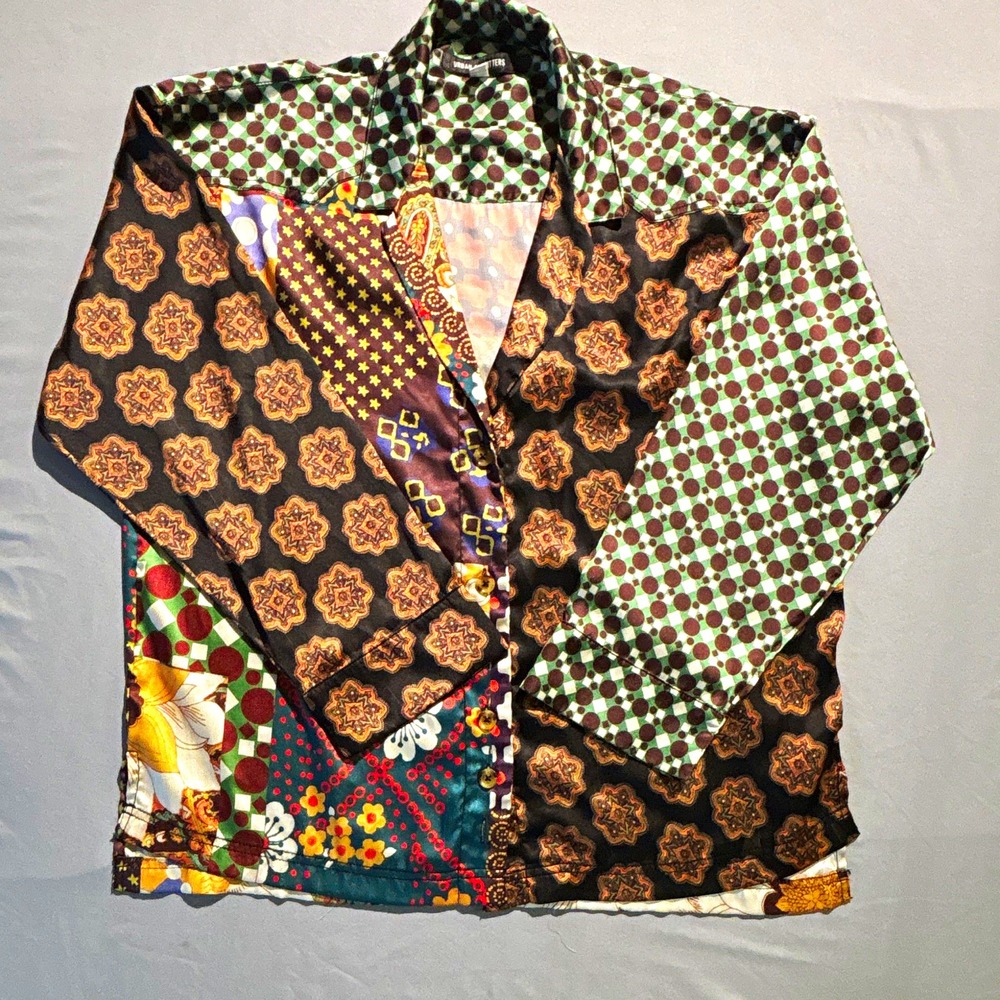 Urban Outfitters Patchwork Mixed Print Satin Button Down Shirt Small Floral Geo